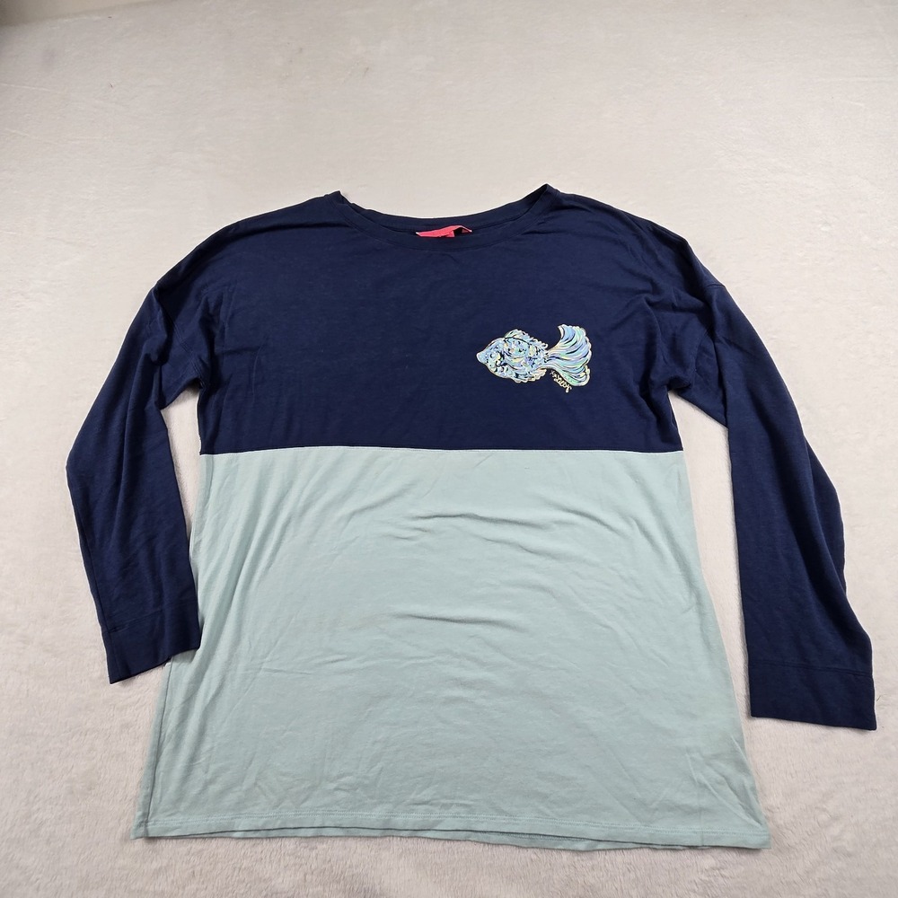 Lilly Pulitzer Women's Top‎ Finn Long Sleeve Tee Size Large Navy Spellout Fish